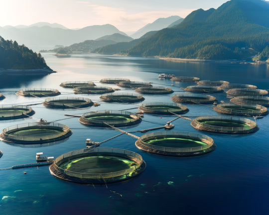 caviar farm. Fish farm between two hills and a body of water. 