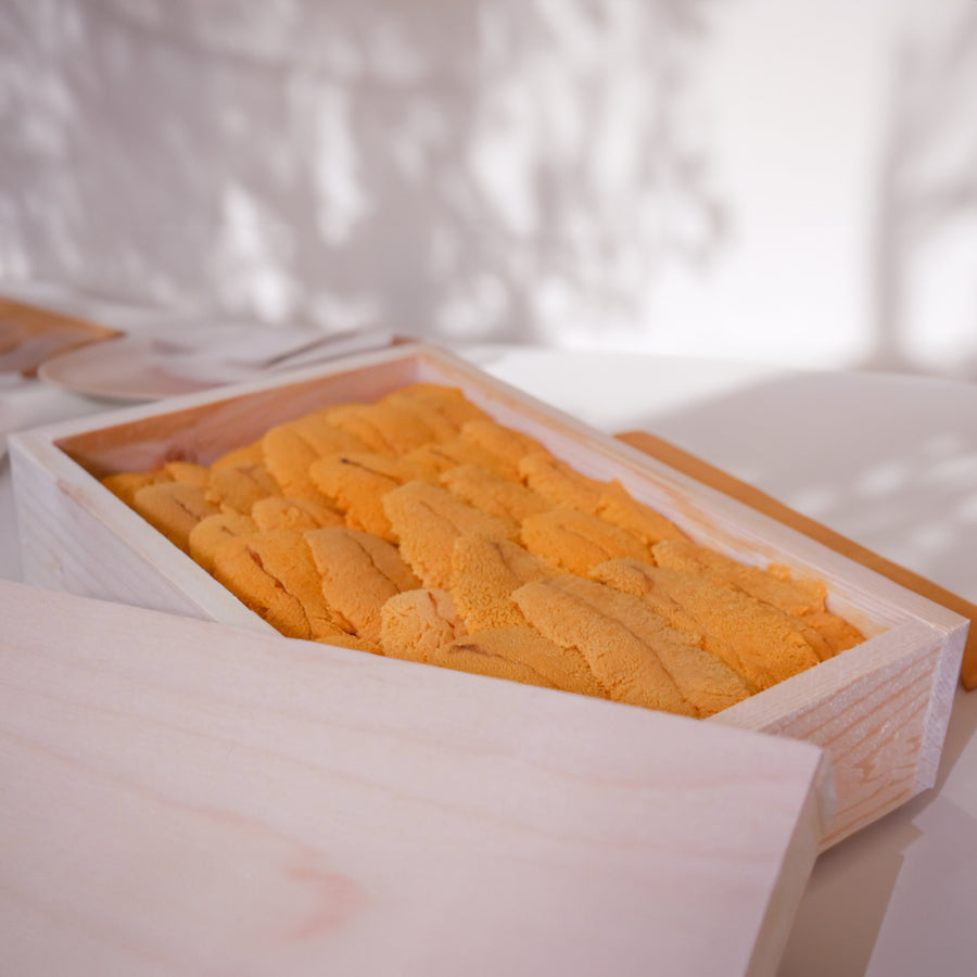 fresh sea urchin from santa barbara in wooden box